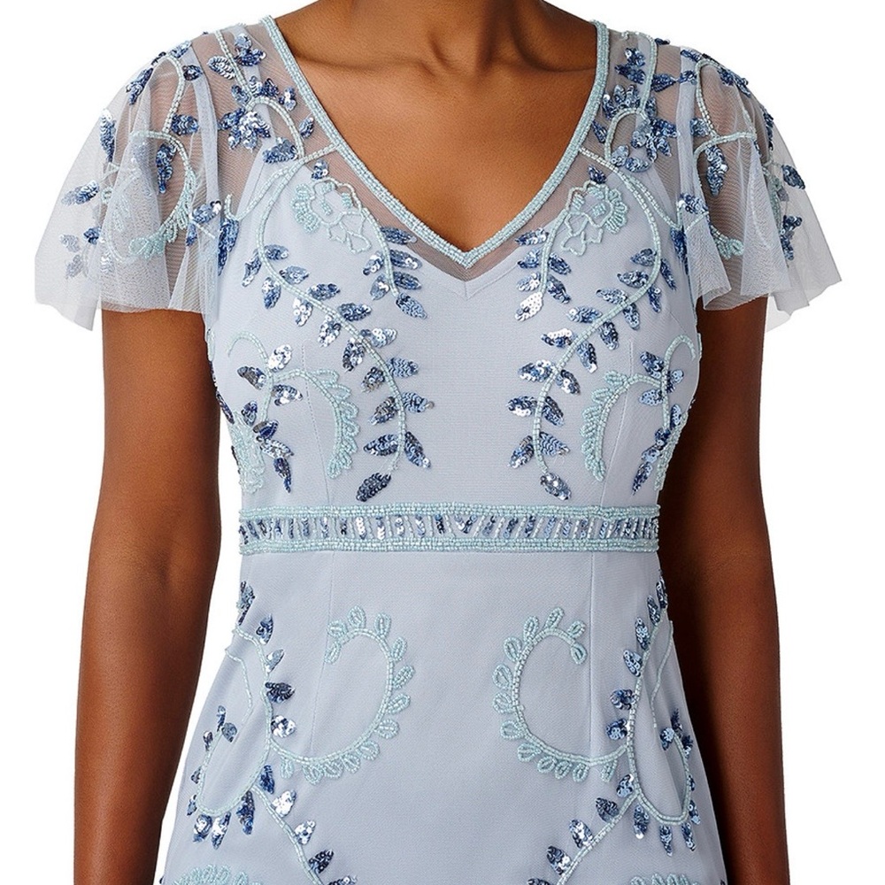 Adrianna Papell Light Glacier Blue Beaded Flutter Sleeve Gown 6 NWT MOB MOG